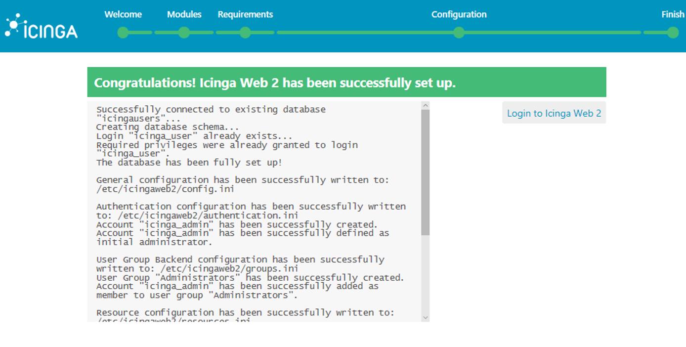 Icinga Successfully Set up - “Login to Icinga Web 2” button